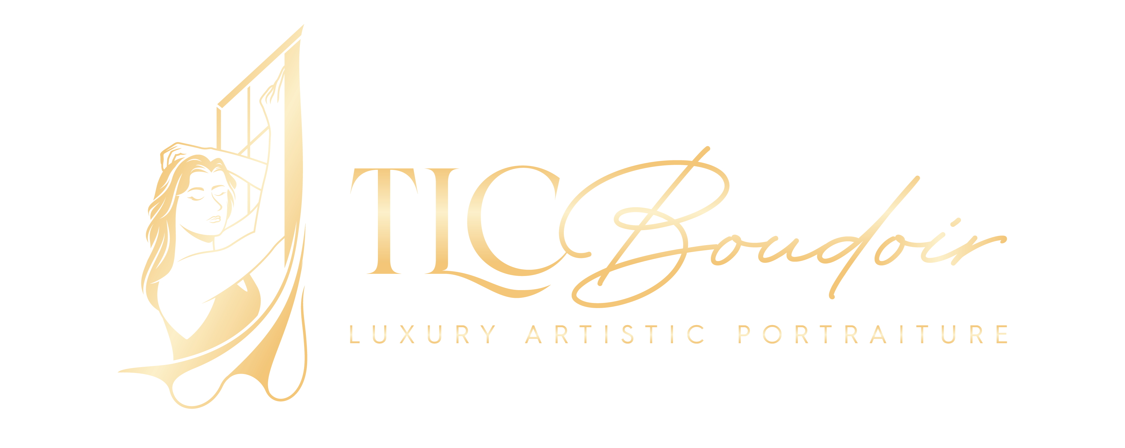 logo – stylized image in gold of woman standing at a window, hand in her hair, with TLC Boudoir spelled out